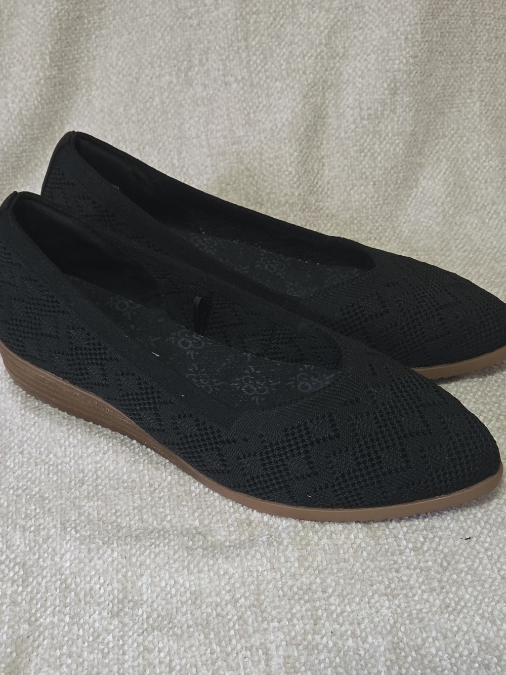 Skechers Black Knit Slip-On Ballet Flats with Brown Sole